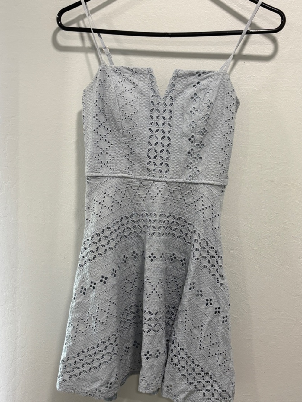 Trixxi Light Gray Eyelet Mini Dress with V-Notch Neckline